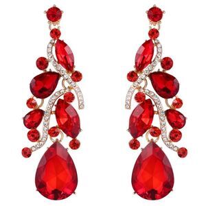 Yellow Gold with Ruby Red Austrian Crystal Teardrop Chandelier Post Earrings